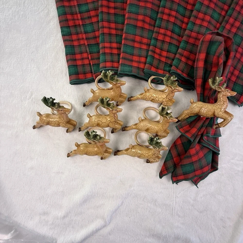 Vintage Christmas Reindeer Napkin Rings Set 8 Tartan Plaid Cloth Napkins Holiday